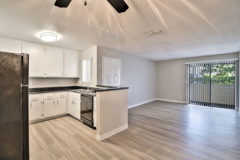 Kitchen looking into the living room and balcony