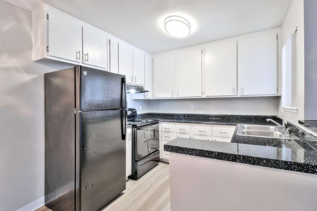 Kitchen with black appliances and countertops